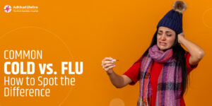 Common Cold vs. Flu: How to Spot the Difference – A woman in winter clothes checking her temperature, looking unwell.